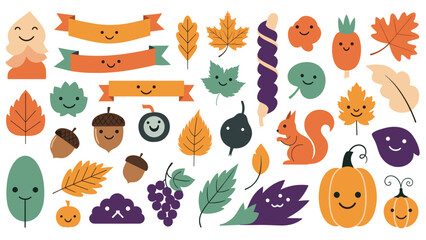 Large collection of cute autumn themed icons and characters featuring smiling leaves, acorns, pumpkins, grapes, a squirrel, and decorative ribbon banners. © Ali