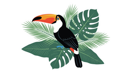 Tropical bird illustration featuring a colorful toucan perched amidst lush green monstera and palm leaves on a clean white background for exotic themes. © Ali