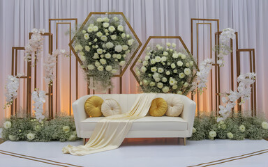 Luxury Contemporary White and Gold Wedding Stage with Geometric Floral Panels and Velvet Sofa