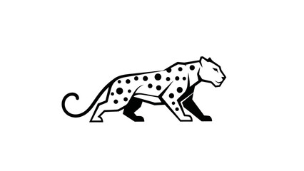 Fototapeta premium A stylized illustration features a sleek, geometric black and white leopard walking. The spotted feline is depicted in a side profile on a clean white background