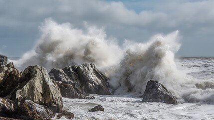 Powerful ocean wave crashing against rocks