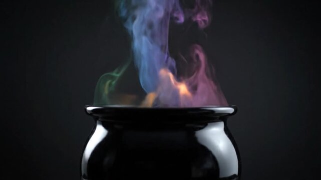 A glossy black cauldron emanates colorful smoke against a dark background