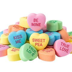 Heart-shaped candy assortment with romantic messages in pastel colors on a white background
