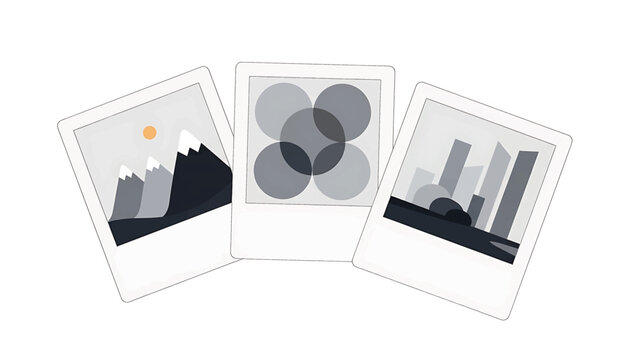 A stylized illustration features three polaroid-style photos. The images depict a mountain scene, overlapping circles, and city buildings, rendered in grayscale