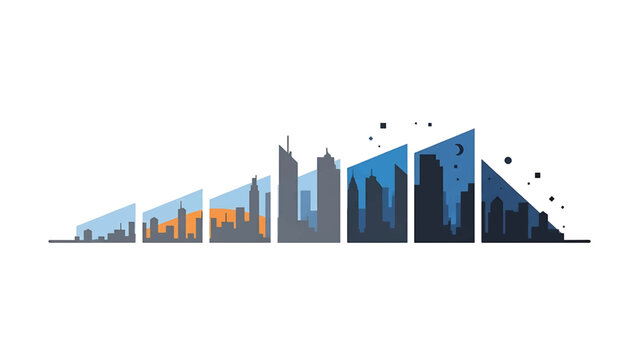 A stylized illustration presents a city skyline, segmented into geometric shapes, representing a transition from day to night