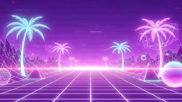 Retro Synthwave Neon Landscape Futuristic Grid Palm Trees  Geometric Shapes