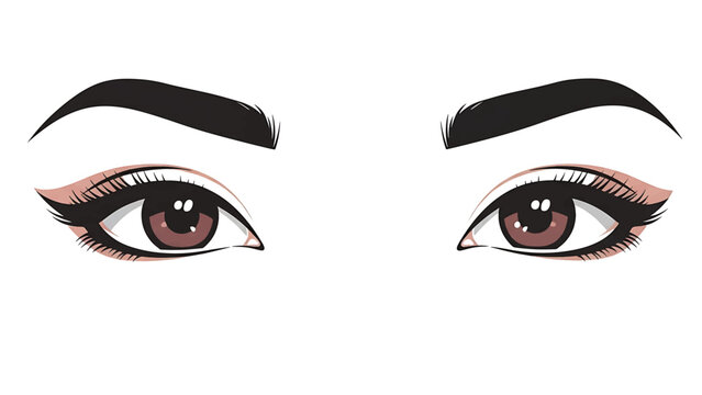 A stylized illustration features two symmetrical eyes with dark brown lashes, a light pink eyeshadow effect, and black eyebrows on white