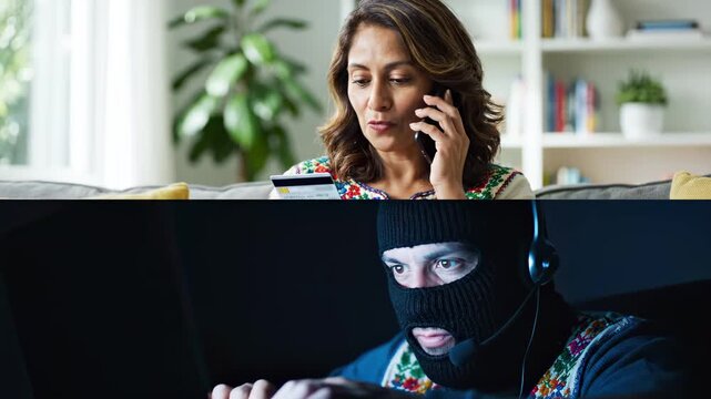  African-American woman holding credit card and talking on phone with scammer at home, senior female victim of online crime, cyber fraud and internet financial scam concept