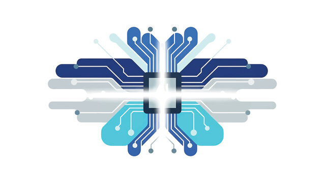 A symmetrical, stylized illustration of a central square radiating circuit pathways in shades of blue and gray against a white background