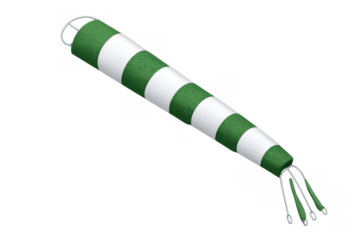 Windsock showing wind direction and speed, green and white striped fabric cone, airport flight safety indicator