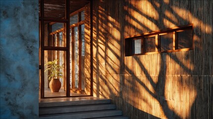 Obraz premium Architectural detail of a building facade made of sustainable bamboo and glass, sunlight creating linear shadows, eco-material texture, modern tropical design 