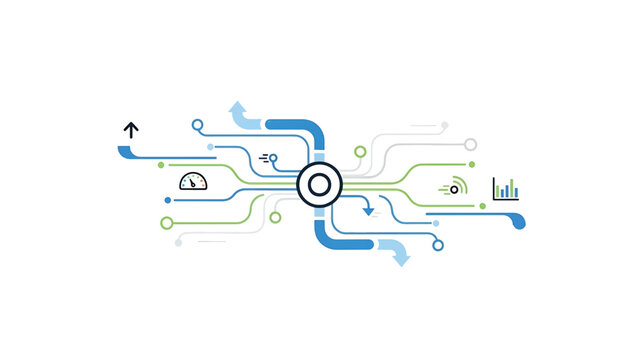 A technical illustration featuring a central circle connected to lines with directional arrows and data visualization elements against white