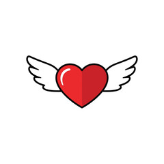 Heart with Wings Illustration in Simple Flat Design with Bright Red Color for Valentines Day