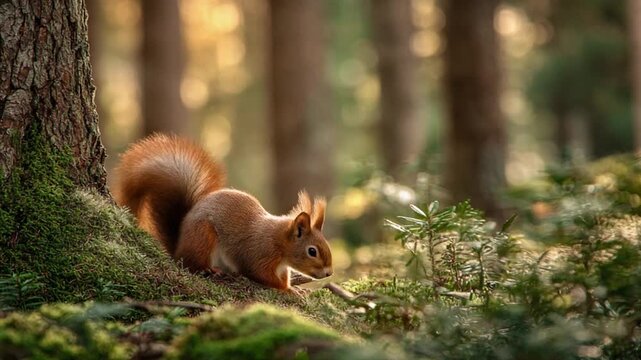 Sunlit forest floor hosts a red squirrel near a mossy trunk among pines. Soft rays spill over ferns