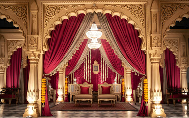 Obraz premium Majestic Rajasthani Palace-Inspired Indian Wedding Stage with Golden Arches, Red Velvet Drapes and Chandeliers