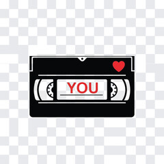 Cassette Tape with Heart and YOU Label in Simple Flat Design with Red Accents on Transparent Background for Music Lovers