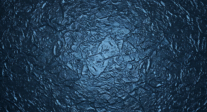 Dark Blue Textured Ice Surface with Cracked Frozen Pattern Creating Dramatic Abstract Background for Winter Themed Design and Photography Projects