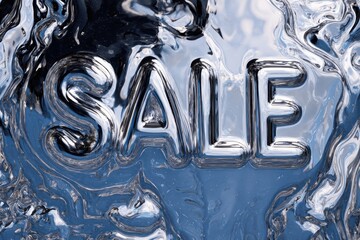 metallic sale background with chrome lettering on liquid surface, glossy abstract texture, concept of retail promotion ecommerce marketing and seasonal discounts