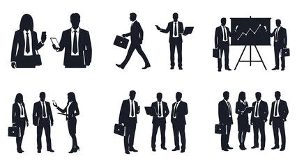 Black business people silhouettes with laptop and briefcase