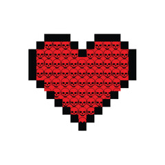 Pixelated Heart Icon in Retro Style with Red and Black Colors on Digital Texture for Valentines Day