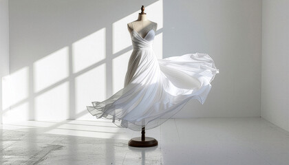 Elegant white gown on mannequin with natural light shadows
