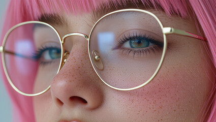 Pinkhaired person in glasses.