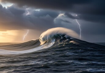 Stormy Ocean Wave with Lightning Strikes in the Background.