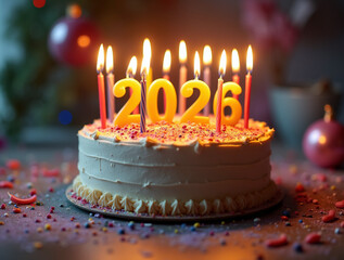 Delicious birthday cake with candles and 2026