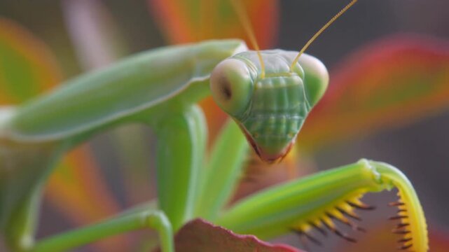 Macro of a praying mantis, close-up with focus on head and dewdrop. Green and colorful blurred background