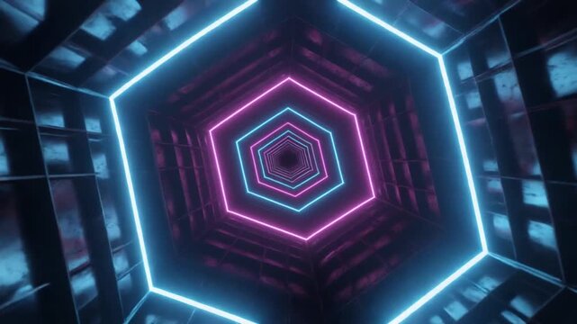 A perspective view of a neon-lit, hexagonal tunnel with a gradient of purple to blue