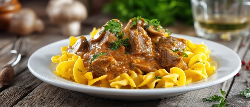 Beef goulash over pasta dish