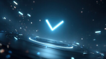 Check mark symbol glowing above futuristic platform, representing success, and verification, completion digital