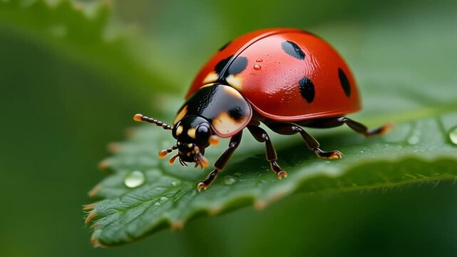A close-up of a ladybug on a green leaf with water droplets