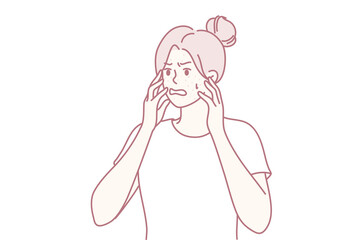 Angry young woman distressed with red pimples. Stressed girl frustrated with acne or allergy on face. Skincare problems. Vector illustration.