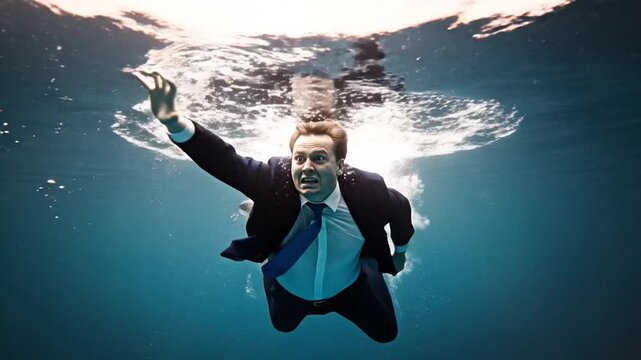 Suited businessman desperately treading water underwater, isolation.