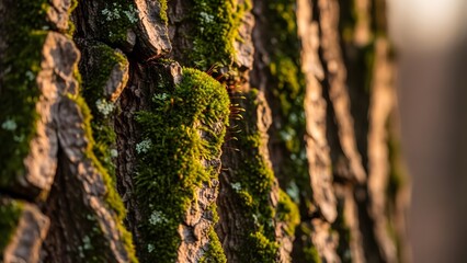 Obraz premium Close-up texture of tree bark covered in vibrant green moss, bathed in warm, soft sunlight