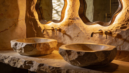 Organic Stone Bathroom Warm Luxury Visualization 4K Real Estate Homestaging AI