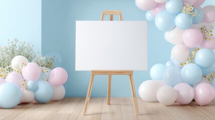 Blank vertical announcement board on wooden easel, framed by festive blue and white balloon arch, surrounded fluffy clouds