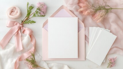 Blank cards with pink envelope, ribbon, and eucalyptus on white wood, creating wedding invitation mockup