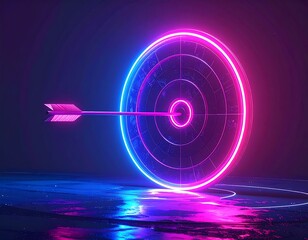 Neon lit target bullseye with an arrow hitting its center