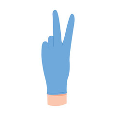 Obraz premium Doctors hand in blue glove showing two fingers in peace and victory gesture vector illustration