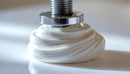 White cream pressed by metal tool close up view