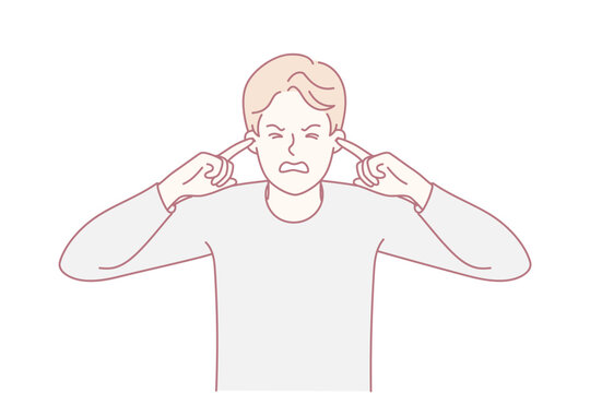 Individual shielding ears from overwhelming noise, Person displaying stress due to loud environment disruption, Closeup portrait capturing discomfort and sensory overload from intrusive sounds