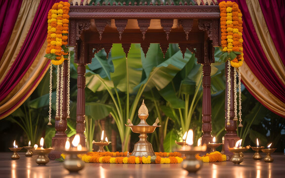Traditional South Indian Temple Wedding Mandap with Marigold Garlands, Jasmine Flowers and Brass Diyas