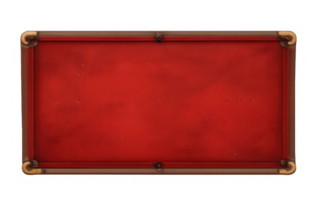 Red empty pool table top view with brown frame and gold pockets for game room leisure sports