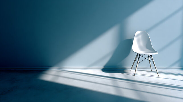 Modern White Eames Style Chair in Minimalist Blue Room with Natural Window Light Shadows, Contemporary Interior Design Photography
