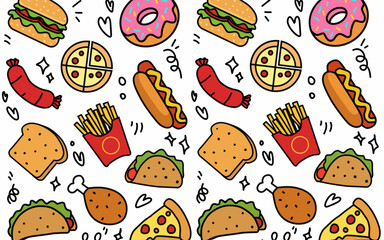 Seamless pattern background Food and ingredient kids hand drawing set illustration isolated on white background