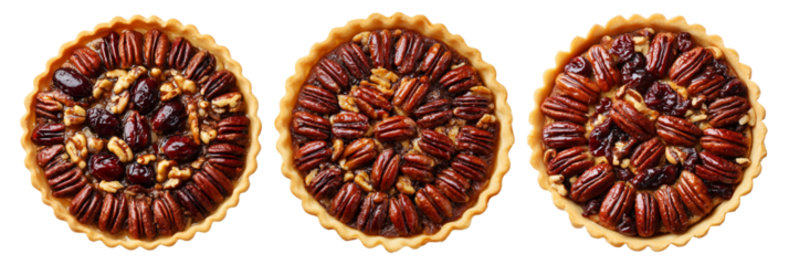 Sweet glazed pecan tart pie with golden crust and caramelized nut topping, isolated on white background, concept of dessert