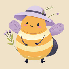 Obraz premium Smiling bee wearing purple hat with flowers