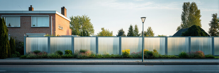 A modern noise barrier features layered panels placed alongside a suburban house, creating a stark boundary. Minimal landscaping enhances the area, illuminated by the soft evening light, banner